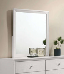 Contemporary White Dresser W Mirror Angled Legs Round Bronze Round Knobs Bedroom Solidwood Furniture