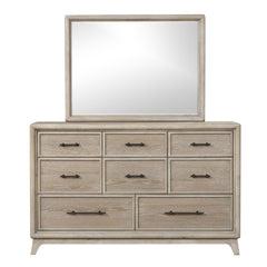 Oak Finish Eight Drawers Dresser W Mirror Solid Rubberwood Contemporary Sleek Bedroom Ample Storage
