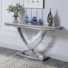 Glam Style Modern Sofa Table 1pc Stainless Steel Pedestal Base 18mm Faux Marble On Top Metal Structure Chroma Finish Coffee Table-Not Included