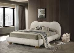 White And Natural Oak Color 1pc Queen Size Bed Boucle Upholstered Round Bun Wood Feet Bedroom Furniture