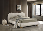 White And Natural Oak Color 1pc Queen Size Bed Boucle Upholstered Round Bun Wood Feet Bedroom Furniture