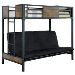 Industrial Style Unique Bunk Bed Twin Over Futon Metal Structure Attached Ladder With Wood Panels Nailhead Trim Black Finish Mattress-Not Included