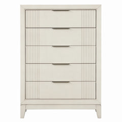 1pc Chest Metal Side Glides Chrome Finger Pulls 5-English Dovetail Drawers Accent Fluted Design Antique White Finish Transitional Style Bedroom