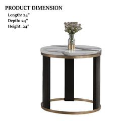 Contemporary Style Round End Table Marble Top Gold Rings Wooden Legs Gold White And Black Finish