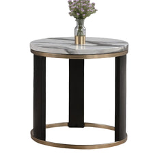 Contemporary Style Round End Table Marble Top Gold Rings Wooden Legs Gold White And Black Finish