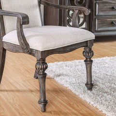 Natural Tone And Ivory Finish Rustic Style 2pc Arm Chair Upholstered Seat Intricate Wood Inlay Detail Dining Room