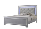 1pc Modern King LED Faux Leather Upholstery Panel Bed Beveled Mirror Accents Textured Footboard Silver Beige Finish