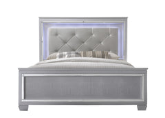 1pc Modern King LED Faux Leather Upholstery Panel Bed Beveled Mirror Accents Textured Footboard Silver Beige Finish