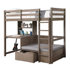 Modern Transitional Twin Over Workstation Loft Bed With Storage Box Attached Ladder Workstation And Bookcase, Warm Grey