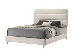 Plush Upholstered Design 1pc Queen Size Panel Bed Sleek Lines Neutral Palette Beautiful Bedroom Furniture Antique White
