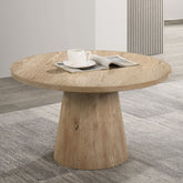 Contemporary Style Round Coffee Table With Cone Shape Pedestal Base Rubberwood Structure Oak Finish