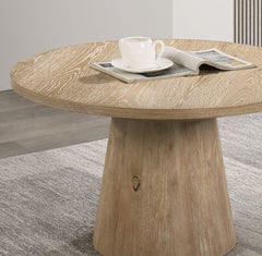 Contemporary Style Round Coffee Table With Cone Shape Pedestal Base Rubberwood Structure Oak Finish