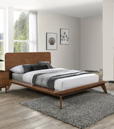Walnut Color Full Size Bed Solid wood Veneer 1pc Platform Bedframe Mattress Ready Mid-Century Modern Style