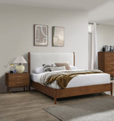 Walnut Color 3pc Bedroom Set Queen Size Bed 2x Nightstands Beige Upholstered Fabric Panel Headboard Mid-Century Modern Style
