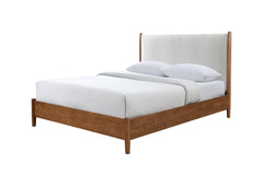 Walnut Color 3pc Bedroom Set Queen Size Bed 2x Nightstands Beige Upholstered Fabric Panel Headboard Mid-Century Modern Style