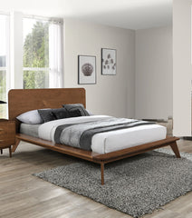 Platform Bed Walnut Color 3pc Bedroom Set Queen Size Bed 2x Nightstands Wooden Mid-Century Modern Style