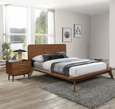 Platform Bed Walnut Color 3pc Bedroom Set Full Size Bed 2x Nightstands Wooden Mid-Century Modern Style