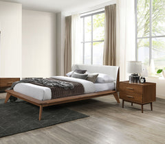 Gorgeous Walnut 3pc Bedroom Set Queen Size Bed 2x Nightstands Beige Upholstered Fabric Winged Edge Panel HB Mid-Century Modern Style