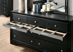 Black Color Dresser w Mirror Set Hidden Jewelry Drawer English Dovetail Silver Accents Round Knobs Bedroom Furniture