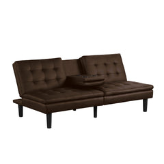 Futon Sofa Bed Contemporary Style Brown Finish Convert Into Bed Biscuit Tufting Seat And Back Seat Drop Down Table With Cup Holder USB Chargers