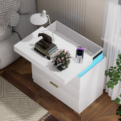 Nightstand with Charging Station and LED Lights,Night Stand with Sliding Top for Bedroom,Bedside Table with Drawers,Modern End Side Table,White.28.8''W x 17''D x 30.5''H.