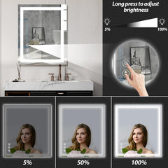 LED Bathroom Mirror 28 x 20 Inches with Front and Backlit,Anti-Fog,3 Colors and Dimmable Light,Tempered Glass