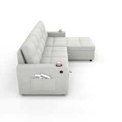 Convertible Fabric Sofa Bed, Pullout Sectional Sleeper Sofa Couches with USB Charging & Cup Holders, L-Shape Sleeper with Storage For Living Room (Beige)
