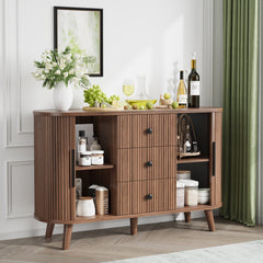 Sideboard Buffet Cabinet with 2 Sliding Tambour Doors and 3 Drawers, Storage Cabinet with Adjustable Shelves for Living Room, Walnut