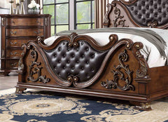 Luxurious Brown Cherry Traditional California King Size Bed Tufted Leatherette HB FB 1pc Bed Bedroom Furniture Wooden