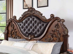 Luxurious Brown Cherry Traditional California King Size Bed Tufted Leatherette HB FB 1pc Bed Bedroom Furniture Wooden