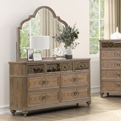 Simple Contemporary 1pc Dresser Rustic Oak Veneer Solid wood English Back Dovetail Drawers Bedroom Furniture Front Mirror Panel