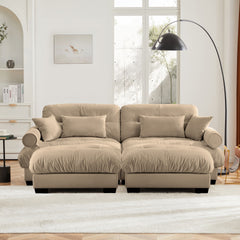 Over Size Modern Two-seater Sofa with Ottoman, Velvet 2-Seater with Round Bolster Armrests,With Waist Pillow and Throw Pillows, Reading Room , Loft and Bedroom,Camel