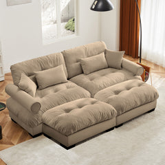 Over Size Modern Two-seater Sofa with Ottoman, Velvet 2-Seater with Round Bolster Armrests,With Waist Pillow and Throw Pillows, Reading Room , Loft and Bedroom,Camel
