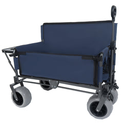 3-in-1 Folding Wagon with Bench Seat & Rear-Mounted Folding Tabletop – 500lbs Capacity, 9"x4" Beach Tires for Camping, Beach, Dark Blue
