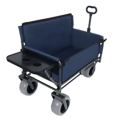 3-in-1 Folding Wagon with Bench Seat & Rear-Mounted Folding Tabletop – 500lbs Capacity, 9"x4" Beach Tires for Camping, Beach, Dark Blue