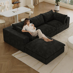 118.2" Cloud Sofa,Corduroy Fabric,Deep Seat Couches,Double-layer design,Removable Cushion,No Assembly, DIY Combination for Living room, Bedroom,Conference room ,Apartment,Black