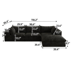 118.2" Cloud Sofa,Corduroy Fabric,Deep Seat Couches,Double-layer design,Removable Cushion,No Assembly, DIY Combination for Living room, Bedroom,Conference room ,Apartment,Black