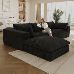 118.2" Cloud Sofa,Corduroy Fabric,Deep Seat Couches,Double-layer design,Removable Cushion,No Assembly, DIY Combination for Living room, Bedroom,Conference room ,Apartment,Black