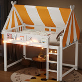 Full Size Loft Bed with Canopy, LED Lights & Book Shelf, White