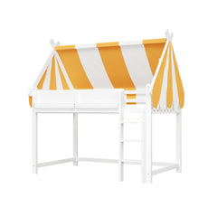 Full Size Loft Bed with Canopy, LED Lights & Book Shelf, White