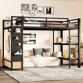 Full size Loft Bed Frame with Wardrobe,Metal Loft Bed with Storage Shelves and Pegboard,Black