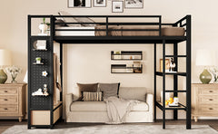 Full size Loft Bed Frame with Wardrobe,Metal Loft Bed with Storage Shelves and Pegboard,Black