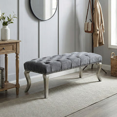 Decor Maxem Tufted Fabric Upholstered Bench Nailhead Trim , Gray