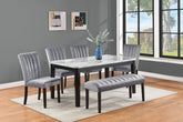 6-Piece Contemporary Dining Set Rectangular Faux Marble Table Top Black Finish Upholstered Chairs Bench Channel Tufting Wooden Solid Wood Dining Room Kitchen Furniture