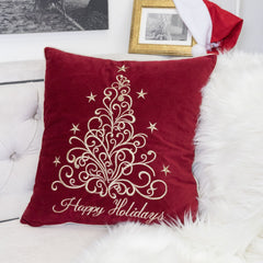 Happy Holidays Embroidered Velvet Throw Pillow – 20x20" Red Christmas Accent Cushion with Gold Detailing