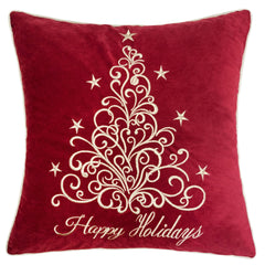 Happy Holidays Embroidered Velvet Throw Pillow – 20x20" Red Christmas Accent Cushion with Gold Detailing