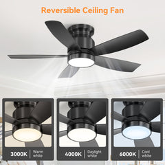 42 Inch Flush Mount Ceiling Fans with LED Light 22W and Remote Control 5 ABS Fan Blades for Bedroom