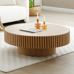 31.49'' Round Wood Coffee Table for Living Room, Modern Handcraft Drum Coffee Table, Circle Wooden Coffee Table for Small Space Apartment ASH.(Same Sku:W876P243948)