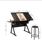 adjustable drawing drafting table desk with 2 drawers for home office and school with stool(black)