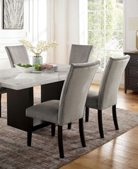 Gorgeous Marble Top Table w 6x Side Chairs Light Gray Flannelette Upholstered Chair Dining Room 7pc Set Wooden Furniture